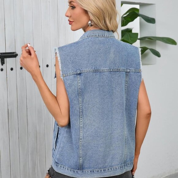 Womens Sleeveless Denim Vest Classic Button Down Jean Jackets with Pockets - Picture 5 of 6